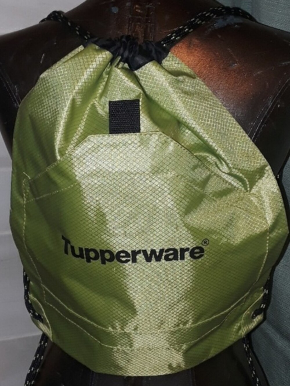 Tupperware Logo Drawstring Backpack with Outside Pocket Reflective Green & Black